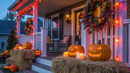 Halloween decorated front entrance with pumpkins autumn seasonal doorway