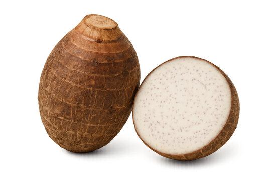Taro root vegetable with whole and sliced corm showcasing raw texture, healthy food ingredient, transparent background