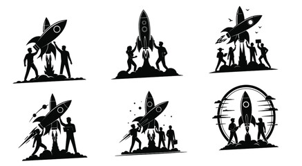 Rocket launch silhouettes, startup teamwork, business growth concept, innovation success, space exploration, futuristic vision, leadership strategy, technology progress, ambition, achievement