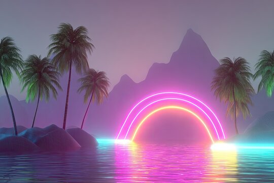 Vibrant Neon Rainbow Over Tropical Island Landscape