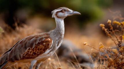 Obraz premium Great Indian Bustard sighting on arid grassland, conservation lens, India, bird, wildlife, grassland, endangered, conservation, nature, desert, with copy space