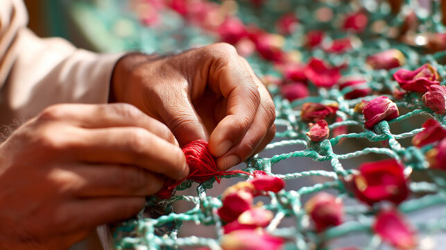 Devotee tying thread at dargah lattice, rose petals scattered, India, dargah, prayer, Sufi, devotion, ritual, culture, peace, faith, with copy space