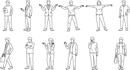 WebStanding walking gesture silhouette, modern outfit, business casual pose set, black white vector cad illustration