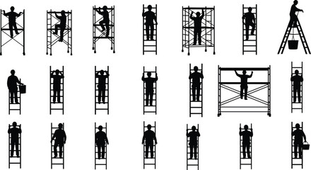 WebWorker silhouettes on ladder and scaffold, construction safety, black white vector, cad drawing illustration set