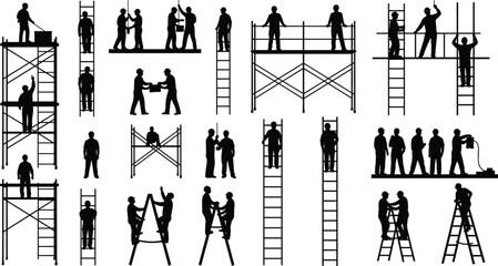 WebConstruction workers on ladder and scaffold, safety gear, teamwork, black white vector, cad drawing illustration set