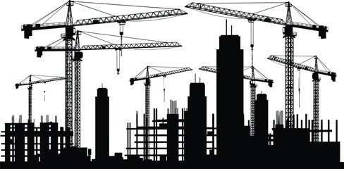 WebCity construction silhouette, cranes, high-rise buildings, urban development, black white vector, cad drawing illustration set