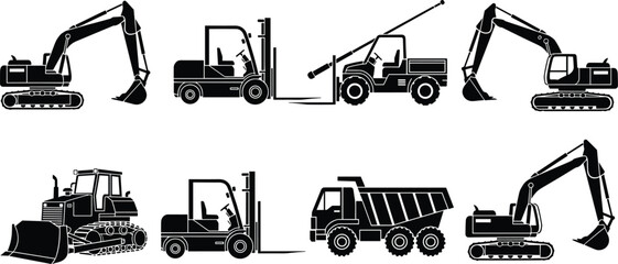 WebConstruction vehicle silhouettes, excavator, forklift, bulldozer, dump truck, black white vector, cad drawing illustration