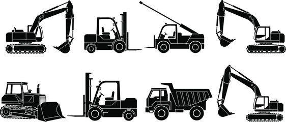 WebConstruction machinery silhouettes, excavator, forklift, bulldozer, dump truck, vector set, black white cad drawing illustration