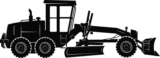 WebMotor grader silhouette, construction equipment, road leveling machine, black white vector, cad drawing flat illustration
