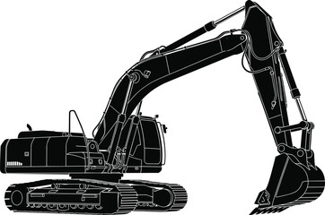 WebHydraulic excavator silhouette, construction machinery, black white vector, heavy equipment, cad drawing flat illustration