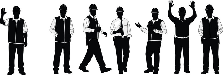WebConstruction workers silhouette, safety helmet, vest, site activity, team gesture, black white vector illustration, cad drawing
