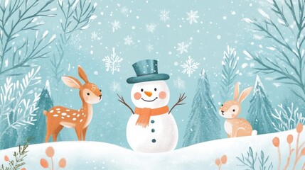 Adorable Snowman with Deer and Rabbit in Winter Forest
