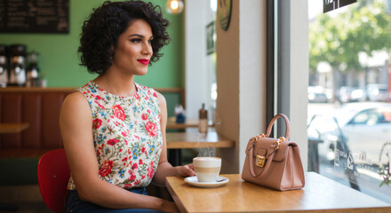 Non-binary person sitting in cafe looking contemplative by the window
