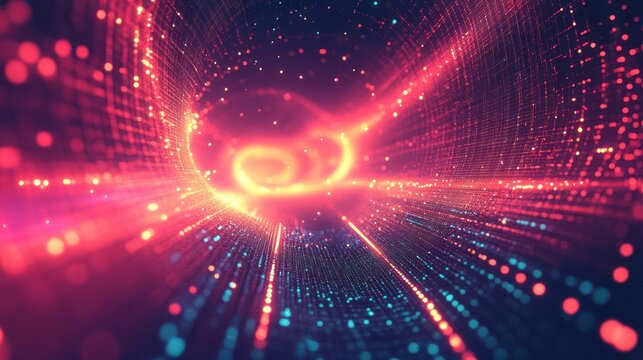 Abstract Digital Tunnel of Glowing Particles and Light Trails