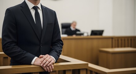 Businessman standing in courtroom witness stand with judge in background
