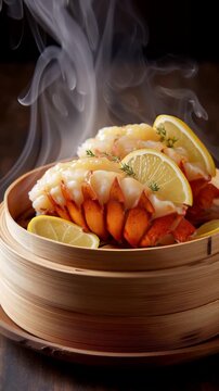 Steaming Lobster Tail with Lemon &mdash; Hot Seafood Dish and Rising Steam in Elegant Restaurant Setting