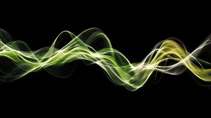 Abstract wave motion with flowing lines depicting energy, movement, and vibrancy in green, white, and yellow tones against a dark background