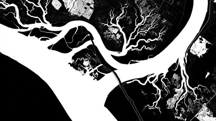 Black And White River Delta Aerial View