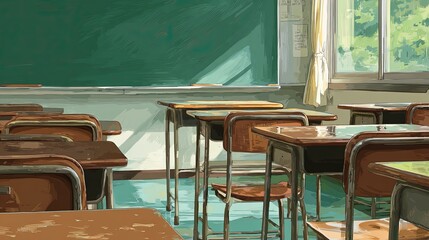 Empty Classroom With Wooden Desks And Chairs