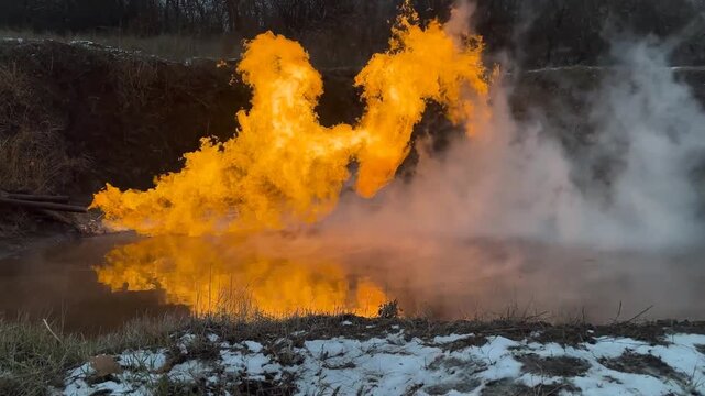 Ukraine, Shebelinka gas field engineers release and ignite problematic gas and gas condensate in a special barn for safety during a snowfall in winter