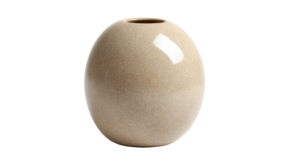 Beige, spherical vase with a small opening, against a stark black background and strong lighting