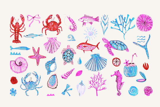 A whimsical set of hand drawn ocean creatures and elements in vibrant pink, blue, and purple tones. Includes sea animals, shells, coral, and plants perfect for kids designs, summer themes, and