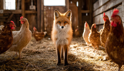 Fototapeta premium Cunning red fox stands among brown hens in chicken coop. Fox looks directly at camera with intense, watchful gaze. Hens walk calmly
