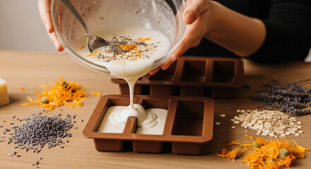 A close-up shot of a person pouring natural oils from small glass beakers into a creamy white soap base in a wooden bowl, then stirring the mixture with a wooden spoon to blend the ingredients