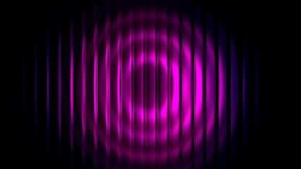Elegant abstract refracted glass background with vertical lines and circular ripple pattern. Dark space with neon magenta light glow for modern design template.