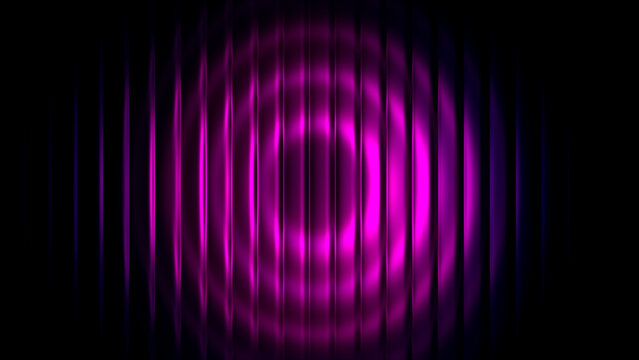 Elegant abstract refracted glass background with vertical lines and circular ripple pattern. Dark space with neon magenta light glow for modern design template.