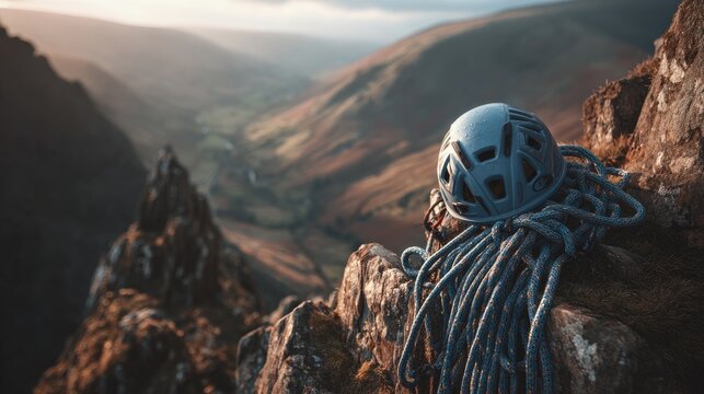 Mountain climbing gear with blue helmet and climbing rope placed on rocky cliff overlooking a breathtaking valley at sunset