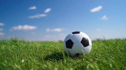 Close-up of a Black and White Soccer Ball on Green Grass Under a Bright Blue Sky with Wispy Clouds in a Sunny Outdoor Setting