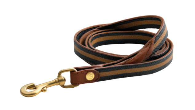 Striped fabric dog leash with brass clasp & leather accents on a dark background