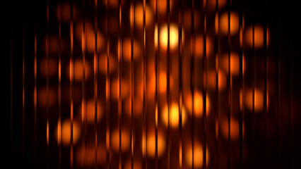 Abstract vertical glass lines with blurred warm bokeh light. Refracted glass texture background for design. Holiday, celebration, or dark mood concept.