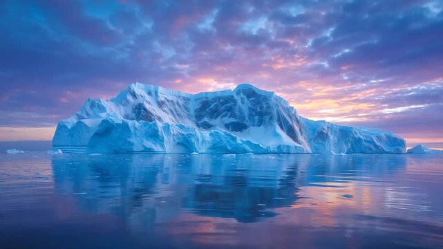 Majestic Antarctic iceberg glowing at sunset with pink and blue reflections on calm ocean water near Vernadsky