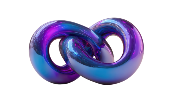 Shiny figure eight knot, illuminated in shades of violet and blue, isolated against a black background