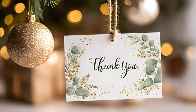 Hanging paper tag with words thank you on christmas background