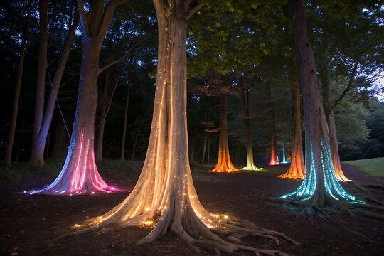Glowing trees in mystical forest with colorful light roots