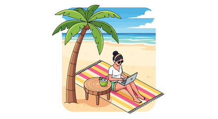 Fototapeta premium Generated with AI, Vector illustration of a woman working on a laptop under a palm tree at the beach.