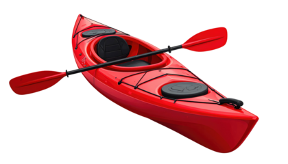 Red kayak with black details, with paddle across opening, isolated against black background, angled perspective