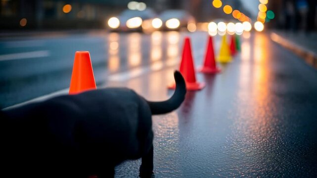 Black cat navigating a wet city street lined with traffic cones before turning and walking away, street safety concept.