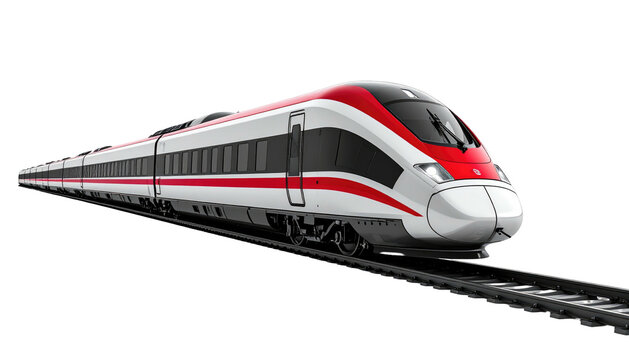 Sleek, fast-looking red and white train on tracks against a black background, angled slightly. Sharp lights