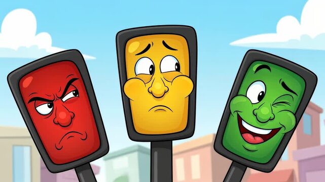 Traffic light characters with changing expressions showing red angry, yellow scared, and green happy, cartoon animation