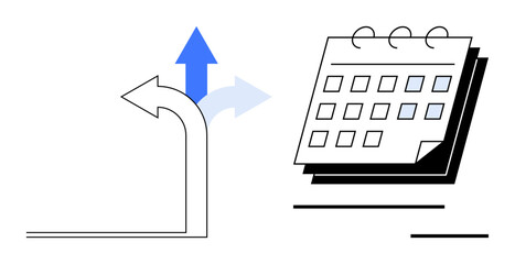 Fototapeta na wymiar Curved arrow with three diverging directions next to a ring-bound calendar. Ideal for planning, scheduling, decision-making, time management, career growth, organization, navigation. Simple flat