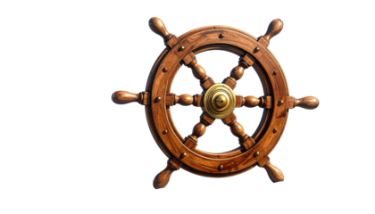 Wooden ship's wheel with brass center, rendered in realistic detail against a stark, deep black background