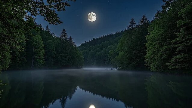 Bright full moon reflecting over calm forest lake night
