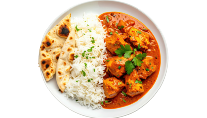 Overhead shot of a plate of chicken curry with rice and naan bread, garnished with parsley
