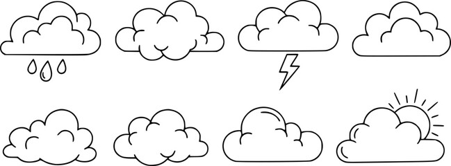 Set of six simple hand drawn outlined clouds for weather and climate related designs
