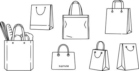 Collection of various shopping bags and totes in minimalist outlined linear style
