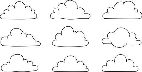 Set of six simple hand drawn outlined clouds for weather and climate related designs
